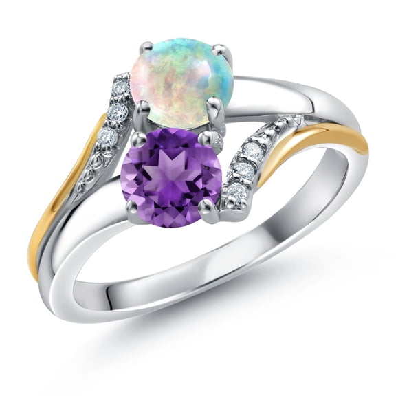 10K Yellow Gold and 925 Silver Purple Amethyst and Simulated White Opal and White Lab Grown Diamond Accent Engagement Ring for Women (1.00 Cttw, Gemstone February Birthstone, Round 5MM, Size 6)