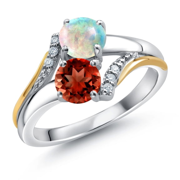 10K Yellow Gold and 925 Silver Red Garnet and Simulated White Opal and White Lab Grown Diamond Accent Engagement Ring for Women (1.53 Cttw, Gemstone January Birthstone, Round 5MM, Size 7)