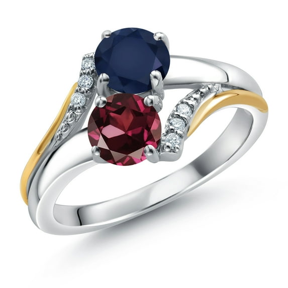 10K Yellow Gold and 925 Silver Red Rhodolite Garnet and Blue Sapphire and White Lab Grown Diamond Accent Engagement Ring for Women (1.23 Cttw, Gemstone January Birthstone, Round 5MM, Size 7)