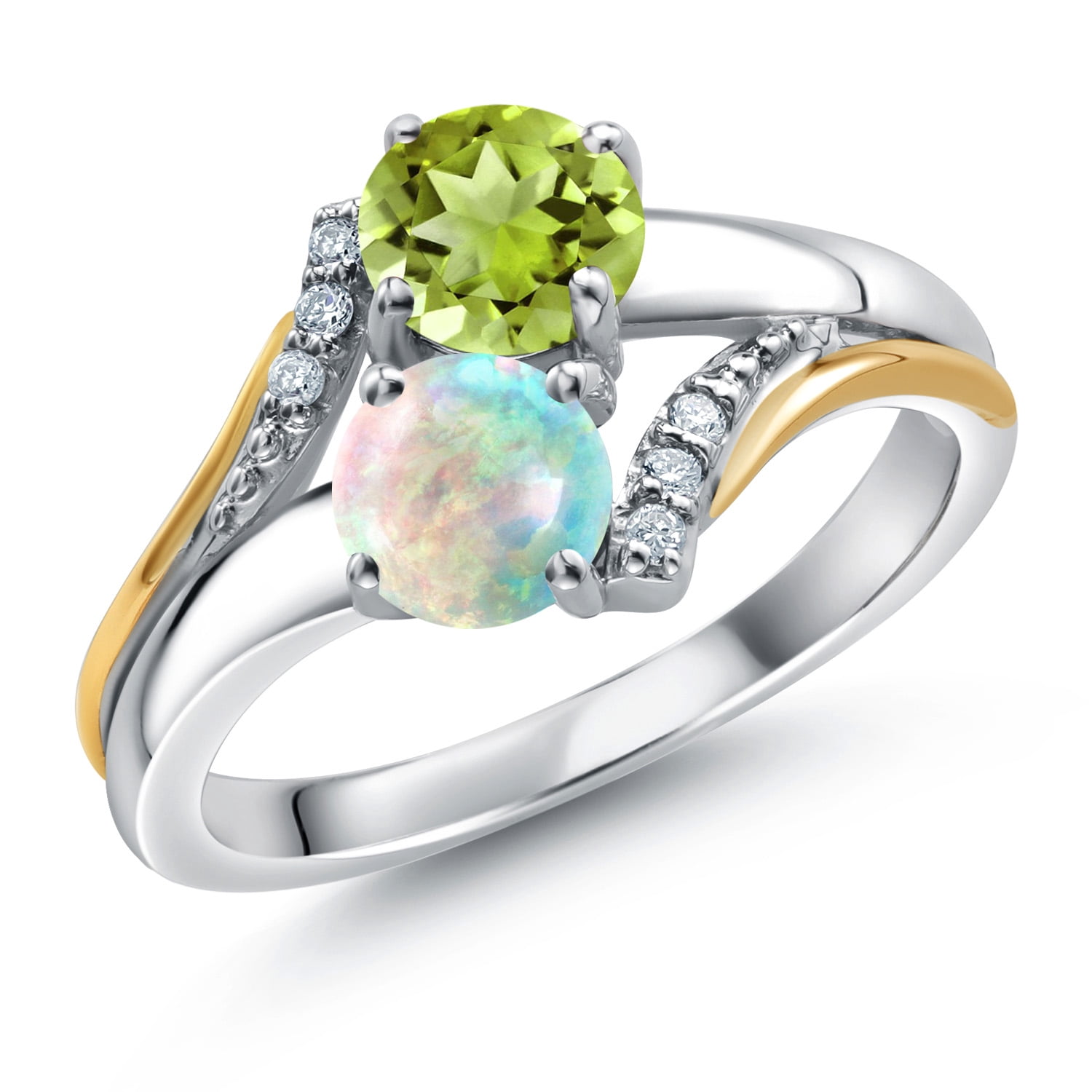 10K Yellow Gold and 925 Silver Simulated White Opal and Green Peridot and White Lab Grown Diamond Accent Engagement Ring for Women (1.08 Cttw, Gemstone October Birthstone, Round Cabochon 5MM, Size 7)