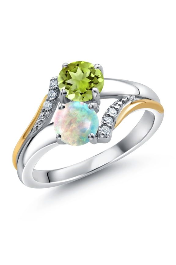 10K Yellow Gold and 925 Silver Simulated White Opal and Green Peridot and White Lab Grown Diamond Accent Engagement Ring for Women (1.08 Cttw, Gemstone October Birthstone, Round Cabochon 5MM, Size 6)