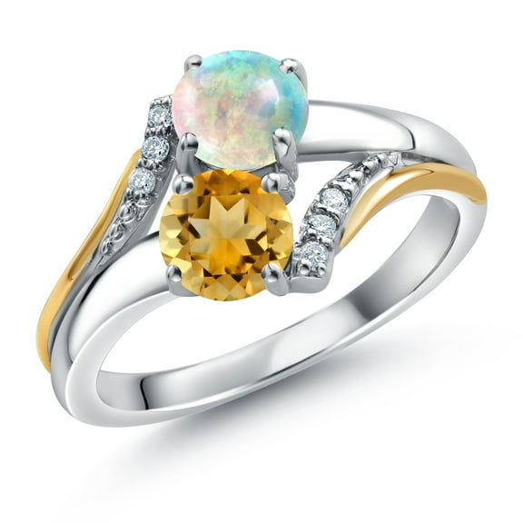 10K Yellow Gold and 925 Silver Yellow Citrine and Simulated White Opal and White Lab Grown Diamond Accent Engagement Ring for Women (1.25 Cttw, Gemstone November Birthstone, Round 5MM, Size 9)