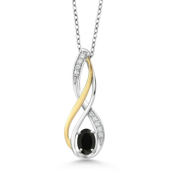 10K Yellow Gold and 925 Sterling Silver Black Onyx and White Lab Grown Diamond Pendant Necklace for Women (0.46 Cttw, Gemstone December Birthstone, Oval 6X4MM, With 18 inch Silver Chain)