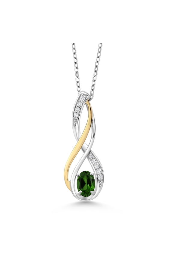 10K Yellow Gold and 925 Sterling Silver Green Chrome Diopside and White Lab Grown Diamond Pendant Necklace for Women (0.61 Cttw, Gemstone Birthstone, Oval 6X4MM, With 18 inch Silver Chain)