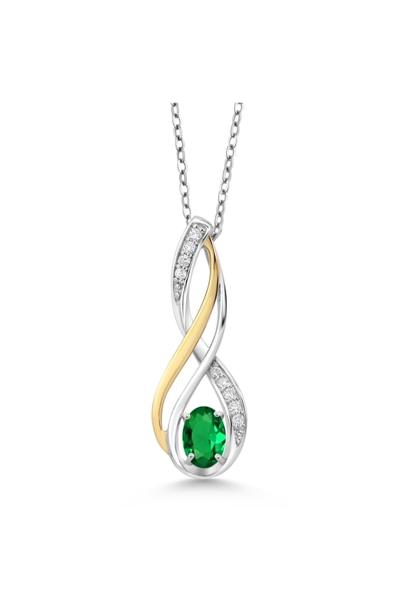 10K Yellow Gold and 925 Sterling Silver Green Nano Emerald and White Lab Grown Diamond Pendant Necklace for Women (0.46 Cttw, Gemstone May Birthstone, Oval 6X4MM, With 18 inch Silver Chain)