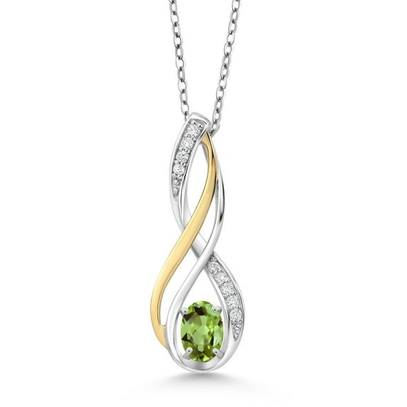 10K Yellow Gold and 925 Sterling Silver Green Peridot and White Lab Grown Diamond Pendant Necklace for Women (0.56 Cttw, Gemstone August Birthstone, Oval 6X4MM, With 18 inch Silver Chain)