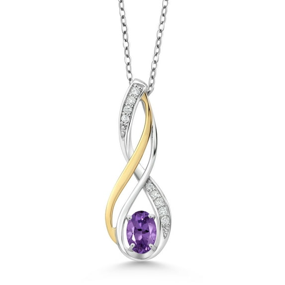 10K Yellow Gold and 925 Sterling Silver Purple Amethyst and White Lab Grown Diamond Pendant Necklace for Women (0.51 Cttw, Gemstone February Birthstone, Oval 6X4MM, With 18 inch Silver Chain)