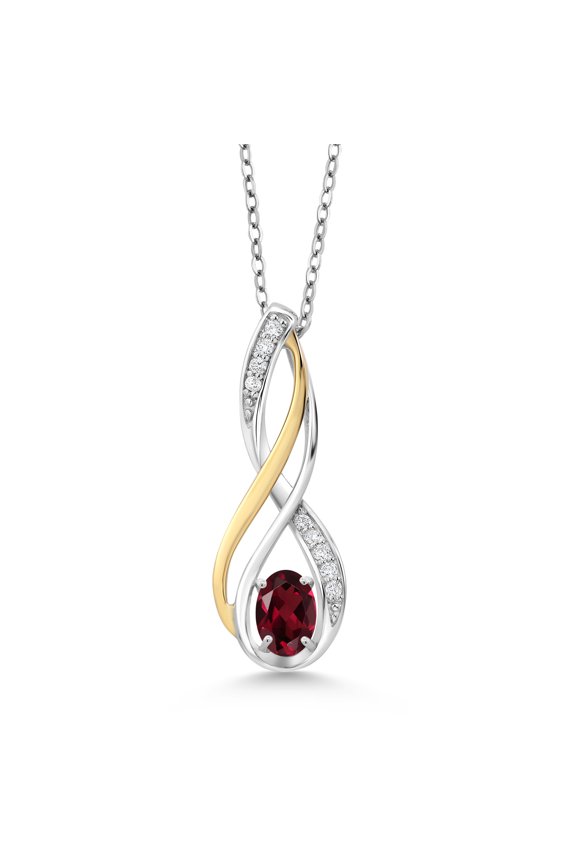 10K Yellow Gold and 925 Sterling Silver Red Rhodolite Garnet and White Lab Grown Diamond Pendant Necklace for Women (0.56 Cttw, Gemstone January Birthstone, Oval 6X4MM, With 18 inch Silver Chain)