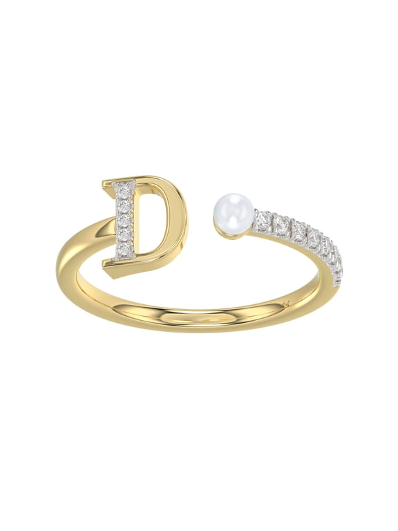 10K Yellow Gold Alphabet Initial D Ladies Glorious Ring Round Natural Diamonds & Pearl 0.10Ct