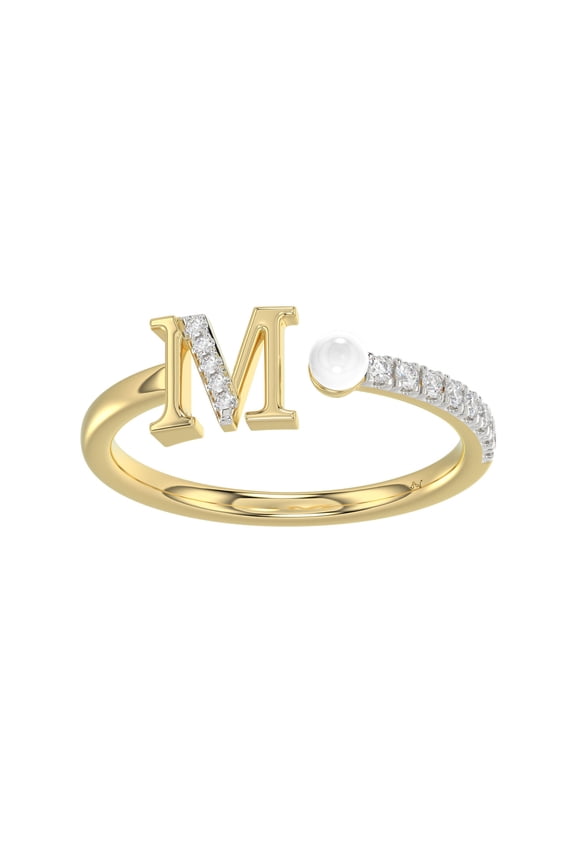 10K Yellow Gold Alphabet Initial M Ladies Glorious Ring Round Natural Diamonds & Pearl 0.10Ct