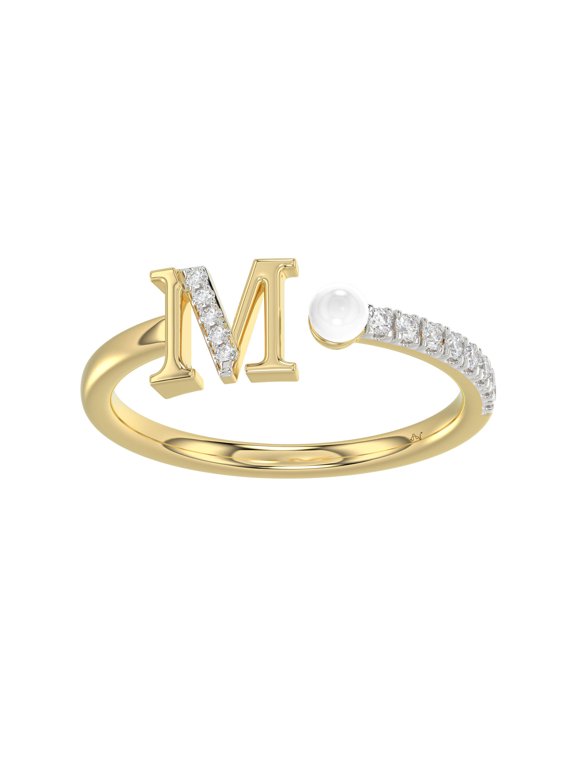 10K Yellow Gold Alphabet Initial M Ladies Glorious Ring Round Natural Diamonds & Pearl 0.10Ct