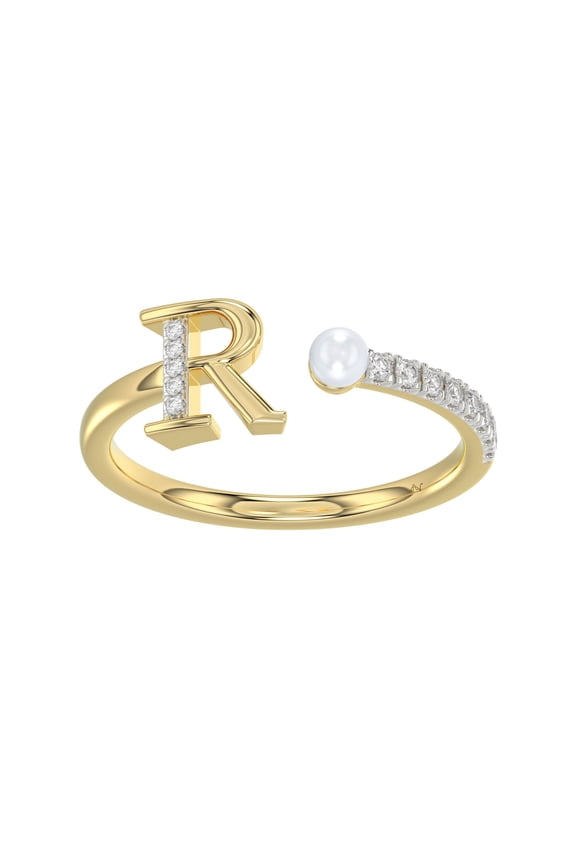 10K Yellow Gold Alphabet Initial R Ladies Glorious Ring Round Natural Diamonds & Pearl 0.10Ct