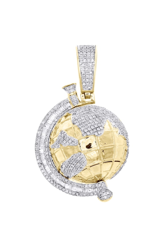 10K Yellow Gold Baguette Diamond 3D World Map Pendant 1.70" Globe Charm 2.10 CT.