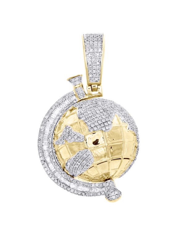 10K Yellow Gold Baguette Diamond 3D World Map Pendant 1.70" Globe Charm 2.10 CT.
