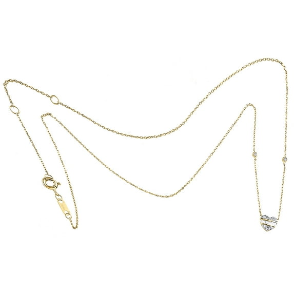 10K Yellow Gold Baguette Diamond Domed Heart Charm Station 18" Necklace 1/4 Ct.