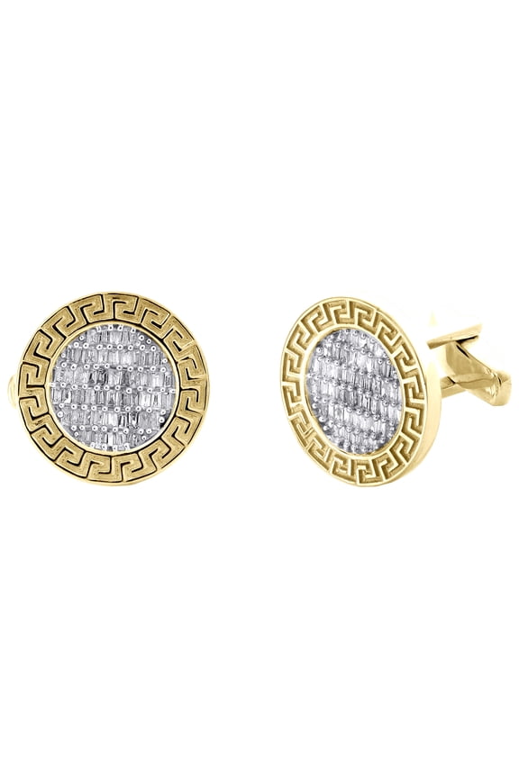 10K Yellow Gold Baguette Diamond Greek Key Halo Circle Frame Cuff Links 0.62 Ct.