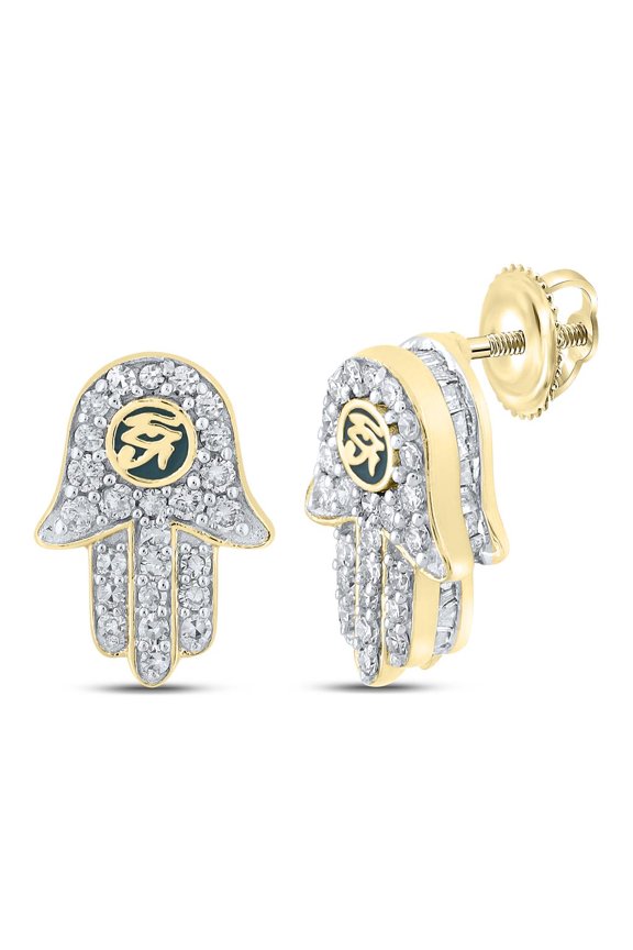 10K Yellow Gold Baguette Diamond Hamsa Eye Of Ra Earrings 0.63cttw