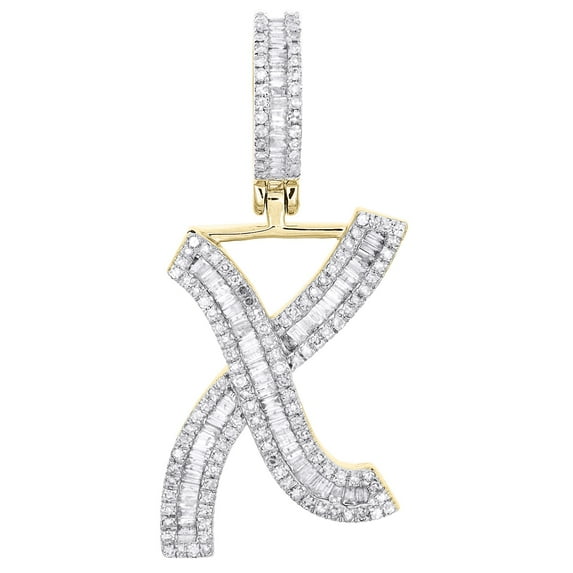 10K Yellow Gold Baguette Diamond Initial X Pendant 1.50" Letter Charm 3/4 CT.