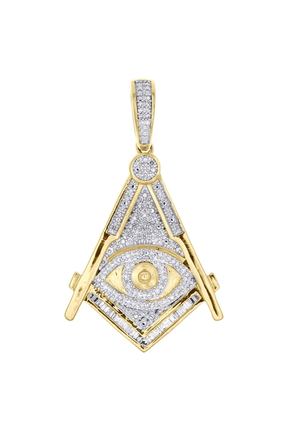 10K Yellow Gold Baguette Diamond Men's Masonic Compass Evil Eye Pendant 1/5 CT