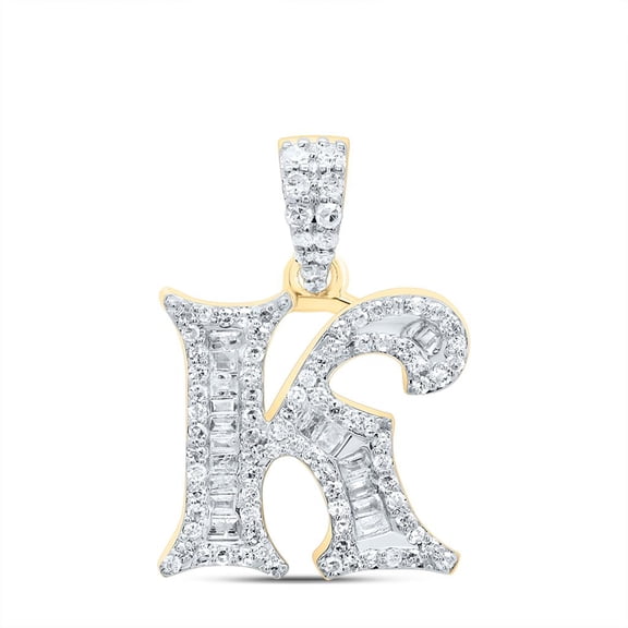 10K Yellow Gold Baguette Diamond Old English Block Font Initial K Pendant 3/8 CT