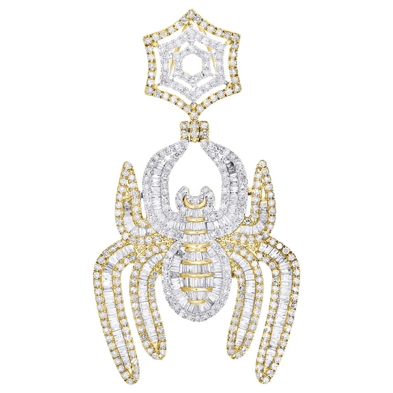 10K Yellow Gold Baguette Diamond Spider w/ Web Pendant Statement Charm 2.05 CT