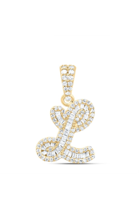 10K Yellow Gold Baguette Diamond Women's Script Font Initial L Pendant 1/3 CT