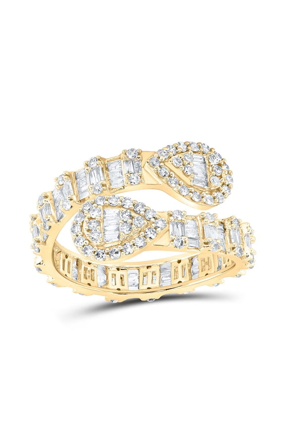 10K Yellow Gold Baguette Diamond Womens Eternity Teardrop Cuff Band Ring 1 CT