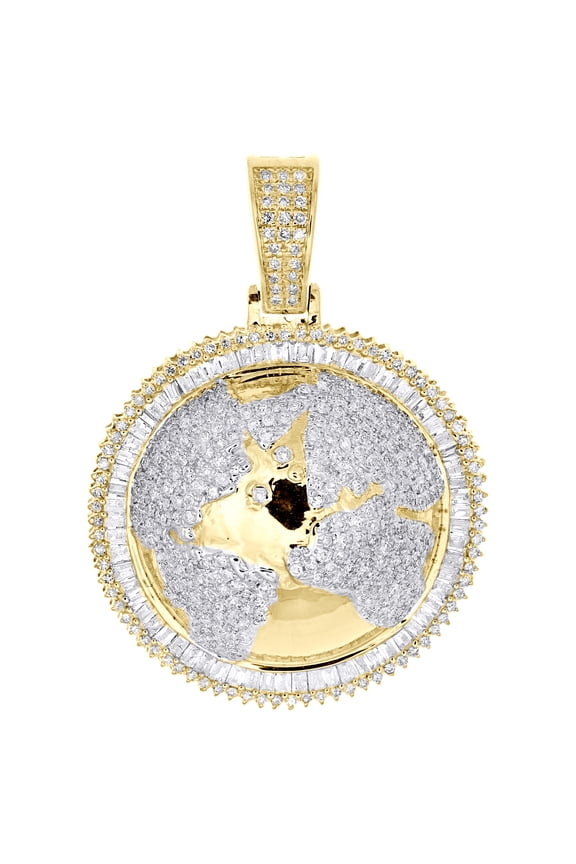 10K Yellow Gold Baguette Diamond World Map Medallion Pendant 1.40" Charm 1.35 CT