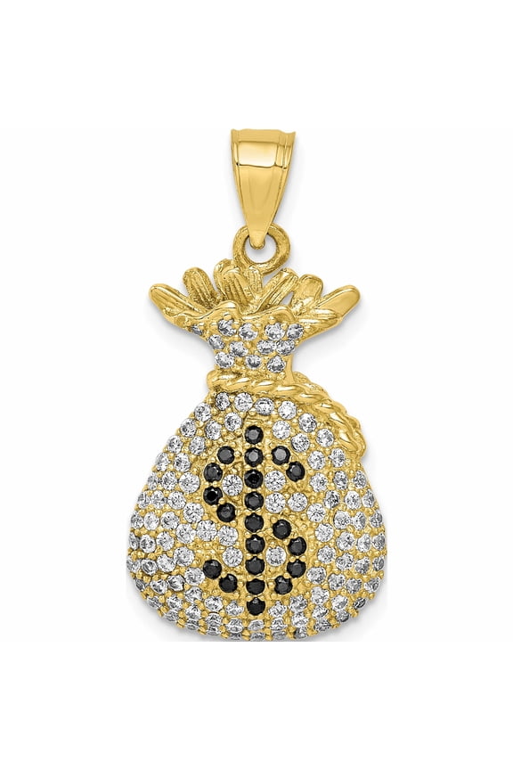 10K Yellow Gold Black And Clear Cz Micro Pave Money Bag Pendant Made In United States 10c1363