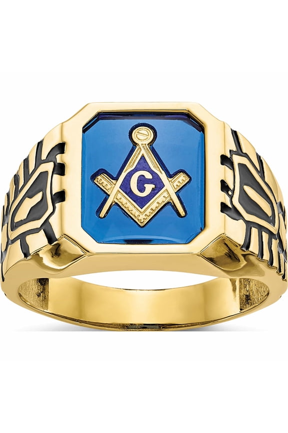 10K Yellow Gold Blue Acrylic Men's Masonic Ring (Size 10) Made In United States 10x27