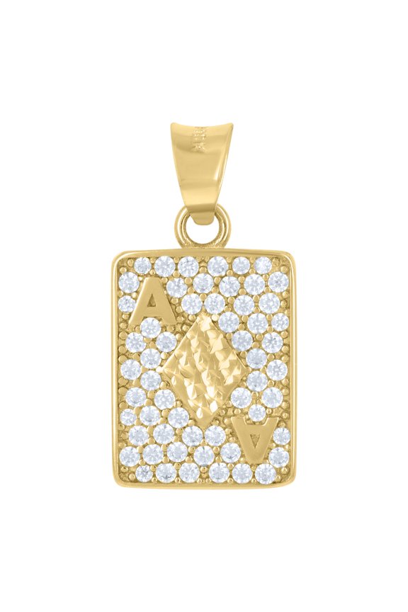 10K Yellow Gold CZ Men's 0.90" D/C Iced Out Poker Charm Ace of Diamonds Pendant