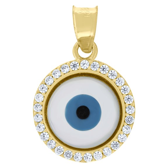 10K Yellow Gold CZ Unisex 0.75" Good Luck Round Charm Enameled Evil Eye Pendant