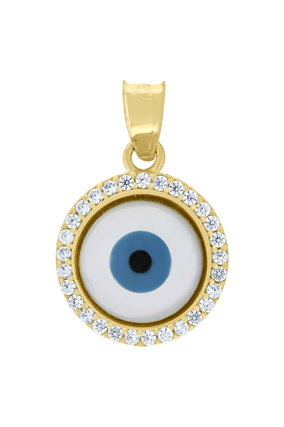 10K Yellow Gold CZ Unisex 0.75" Good Luck Round Charm Enameled Evil Eye Pendant