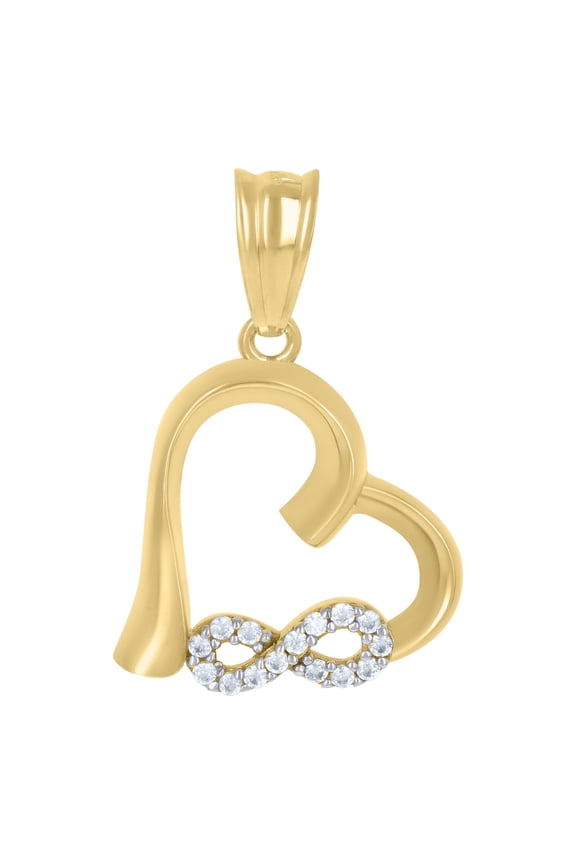 10K Yellow Gold CZ Women's 1" Open Love Charm Slanted Heart w/ Infinity Pendant