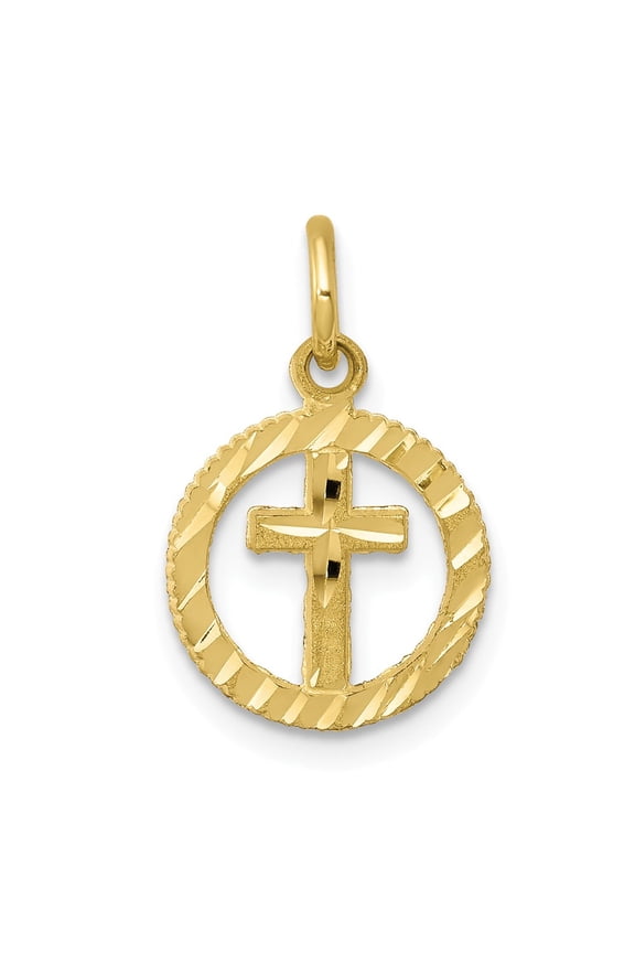 10K Yellow Gold Charm Pendant Themed 20 mm 11 Solid Flat-Backed Cross In Circle For Eternal Life