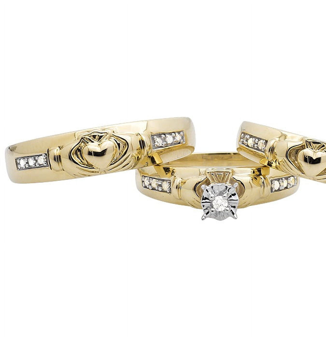 10K Yellow Gold Claddagh Diamond Bridal Wedding Band Ring Trio Set