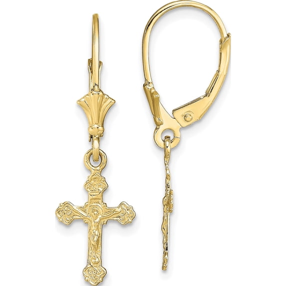 10K Yellow Gold Romantic, Precious Polished 30.3 Mm 9 Crucifix Leverback Earrings