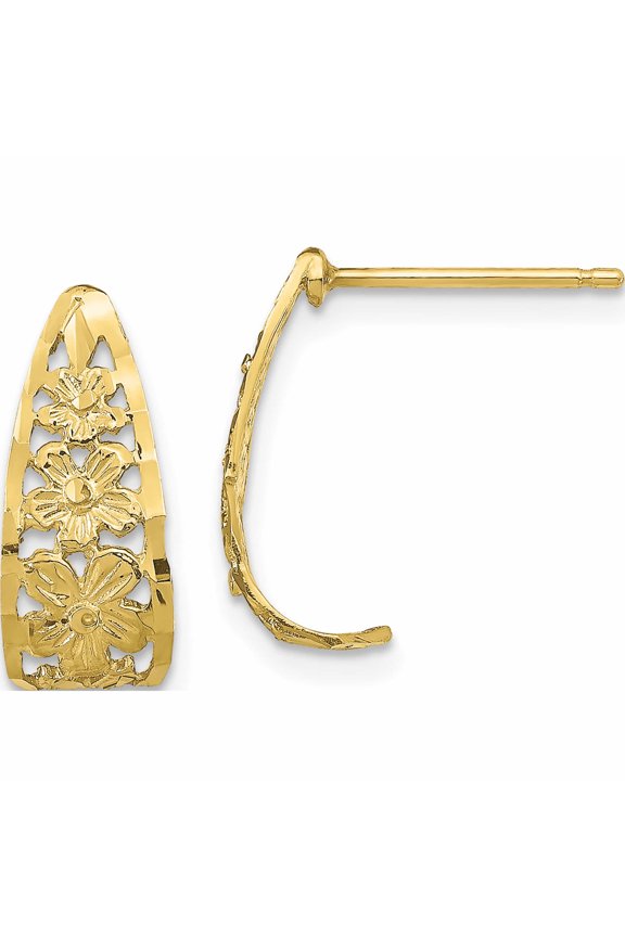 10K Yellow Gold D/C Flower J-Hoop Post Earrings (17 X 6) Made In United States 10te733