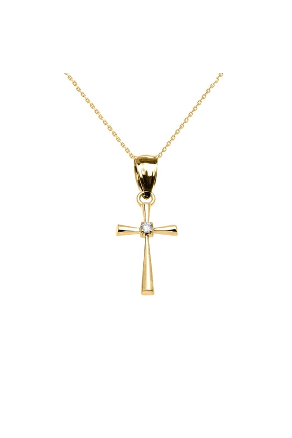 10K Yellow Gold Dainty Flared Diamond Cross Pendant Necklace with 16" Chain