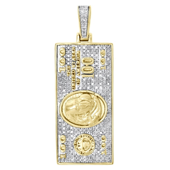 10K Yellow Gold Diamond $100 One Hundred Dollar Bill Pendant 1.6" Charm 0.45 CT.