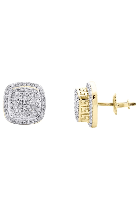 10K Yellow Gold Diamond 10mm Round Square Halo w/ Greek Key Stud Earrings 1/3 CT