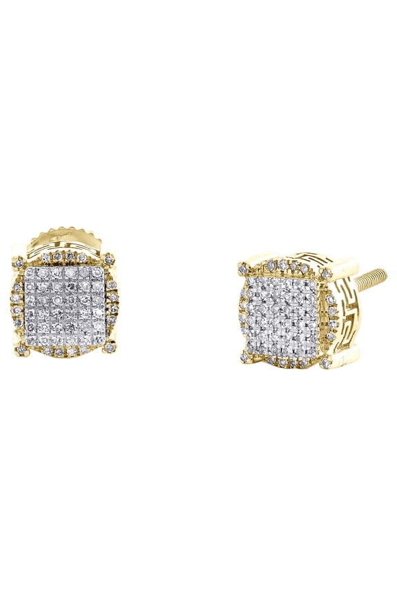 10K Yellow Gold Diamond 8mm Halo 3D Greek Key Round Square Stud Earrings 0.15 CT