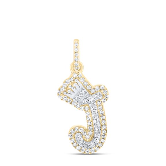 10K Yellow Gold Diamond Bubble Font Initial J & Crown Mini Letter Pendant 1/4 CT