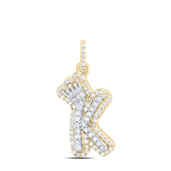 10K Yellow Gold Diamond Bubble Font Initial K & Crown Mini Letter Pendant 1/4 CT