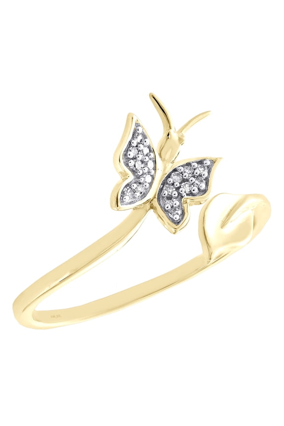 10K Yellow Gold Diamond Butterfly + Leaf Bypass Women's Right Hand Ring 0.20 Ct.
