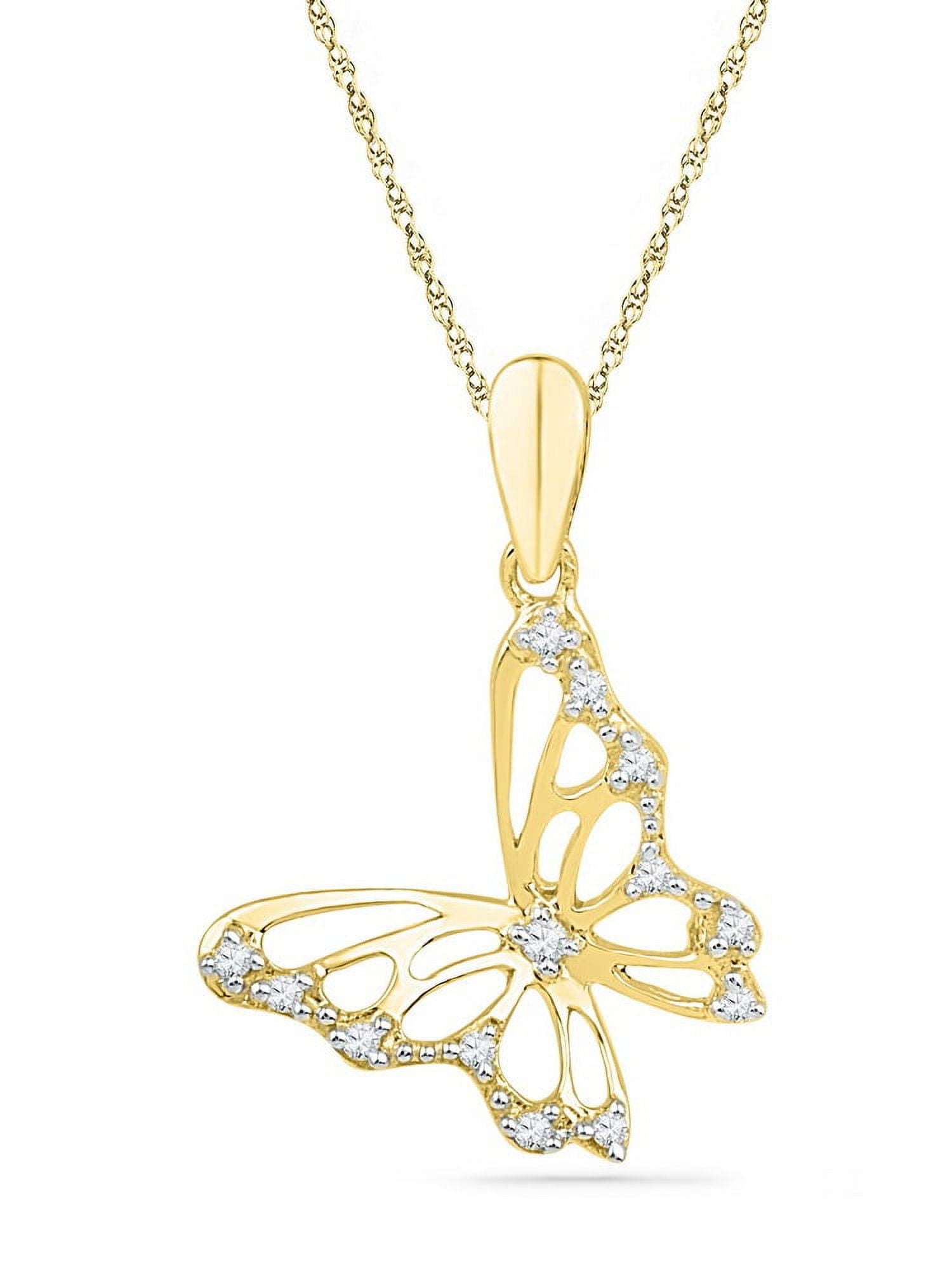 MACEY WORLDWIDE JEWELRY 10K Yellow Gold Diamond Butterfly Necklace Pendant 1/12 Ctw.
