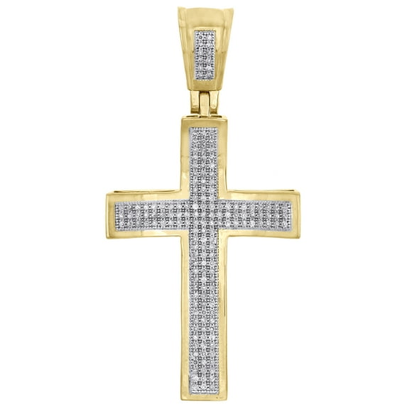 10K Yellow Gold Diamond Concave Dipped Cross Pendant 2" Mens Pave Charm 7/8 CT.