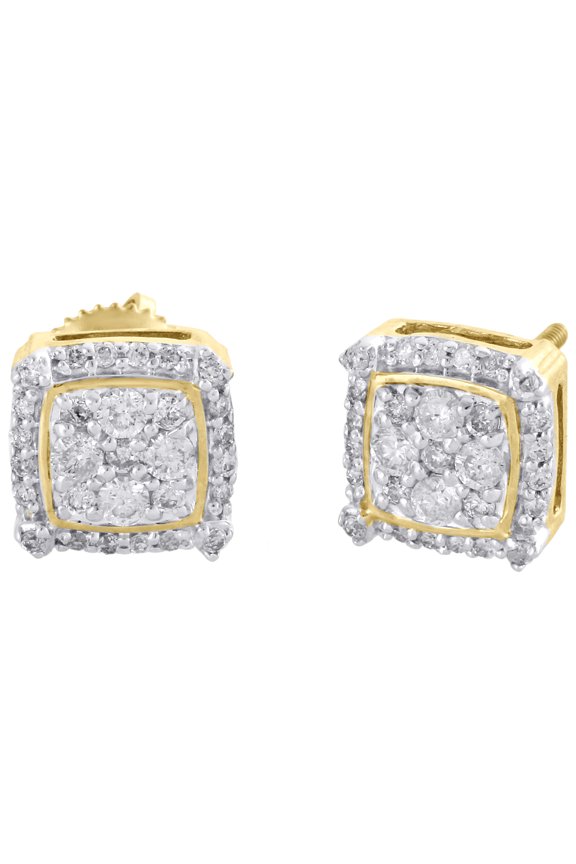 10K Yellow Gold Diamond Cushion Shape Double Frame Studs 8mm Earrings 1/2 CT.