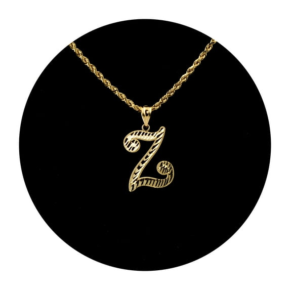 10K Yellow Gold Diamond Cut Cursive Initial Pendant Charms Available Letters from A to Z (Z)