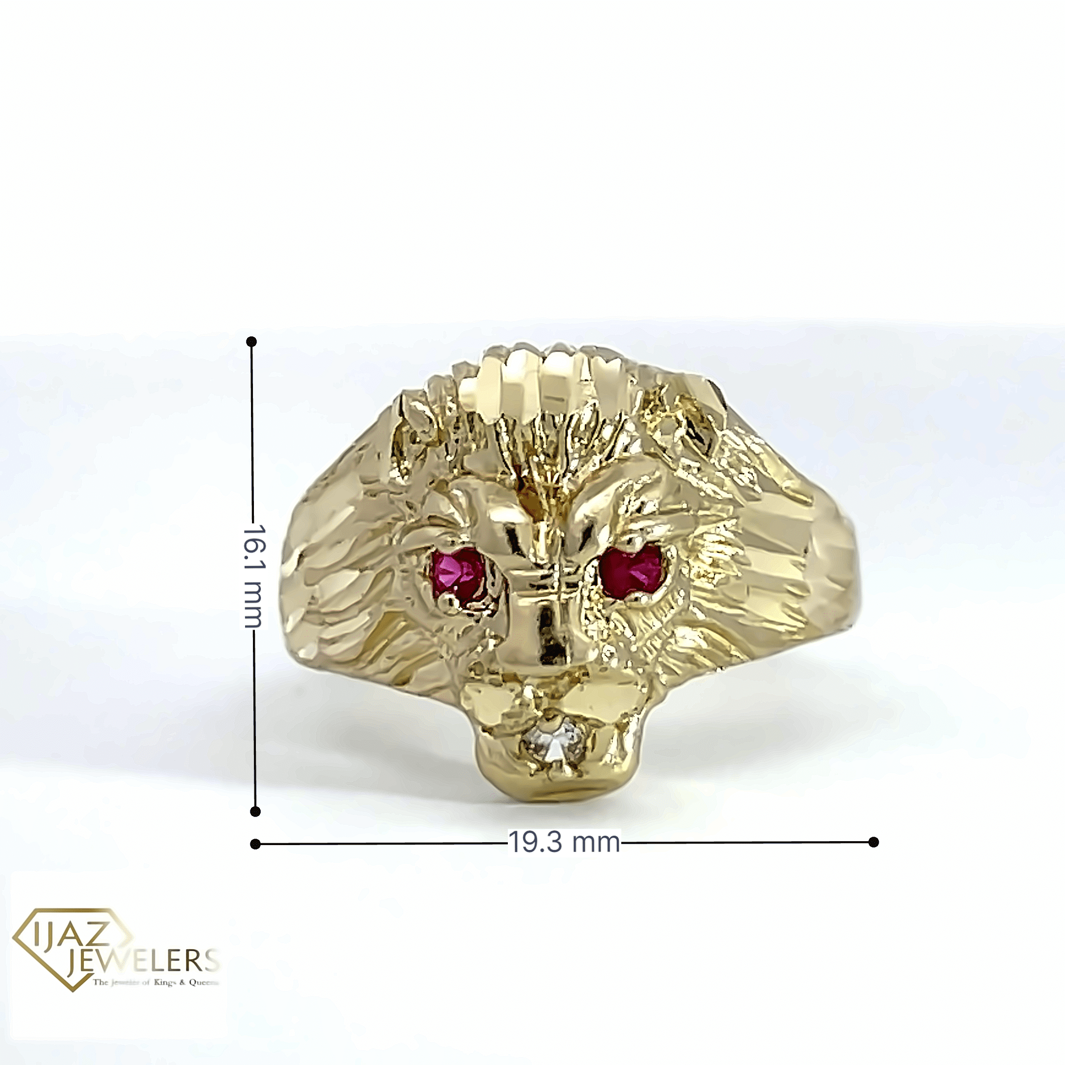 10K Yellow Gold Diamond Cut Lion Ring W/Synthetic Ruby Eyes